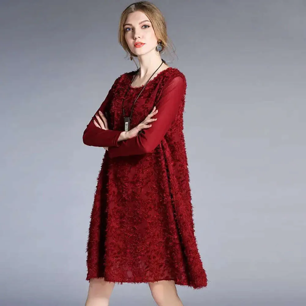 6812 # JRY nouveau printemps mode robe femmes à manches longues couleur unie en mousseline de soie épissure tenue décontractée noir/marine/vin rouge Xl-4Xl 945