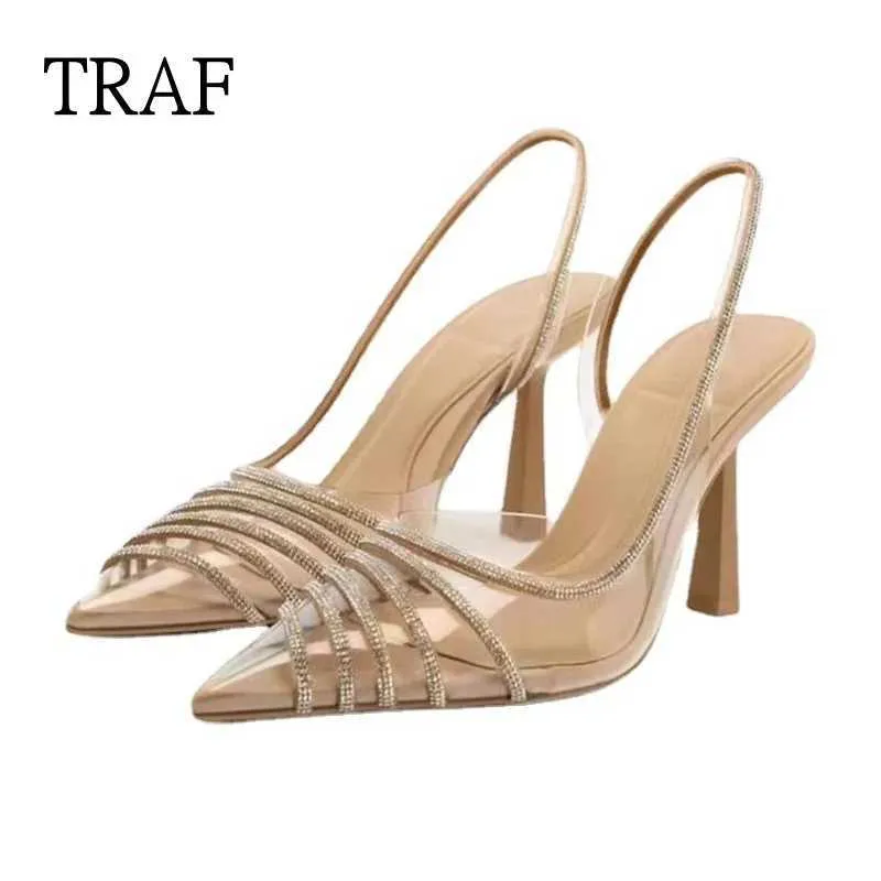 Sandalias TRAF Mujeres Tacones altos Slingback Tacones de diamantes de imitación Transparente Stiletto Pointe Zapatos Diseñador Oficina de lujo Señora Elegante Zapato de tacón J240125