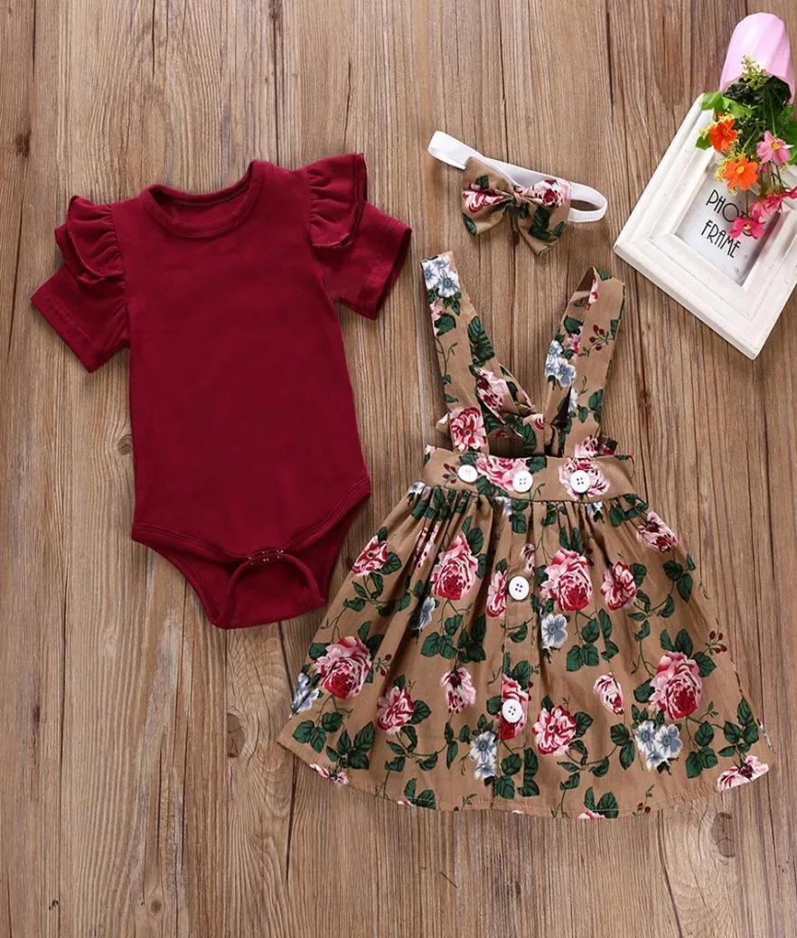 Bébé filles jarretelles jupe tenues été mode enfants vêtements ensembles barboteuse tops robe à bretelles florale avec bandeau 3 pièces M10708199966