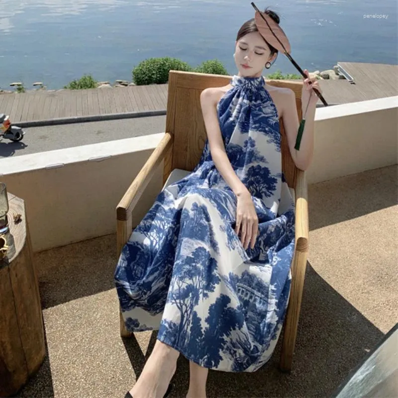 Robes décontractées Style chinois Encre Imprimé Halter Col Longue Fête Pour Femmes Élégant Épaule Lâche Causal Et Soirée Maxi Robe Robe