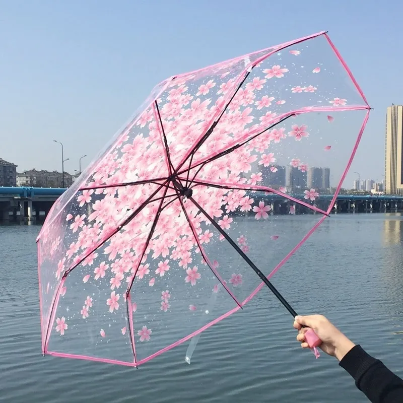 3-foldat körsbärsblomsparaplyer bärbara sakura transparent klar solskyddsmedel paraply barn regniga soliga paraplyer Q918