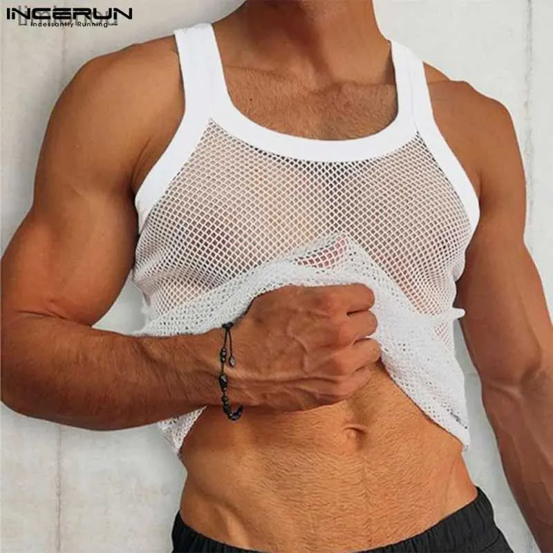 Débardeurs pour hommes Hommes débardeurs maille voir à travers Sexy été col rond sans manches gilets 2023 Streetwear Fitness élégant hommes vêtements S-5XLL240124