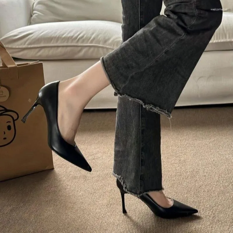 Dress Shoes Black High Heels Women Temperament Pointed Toe Soft Leather Work For Outdoor Stiletto Modern