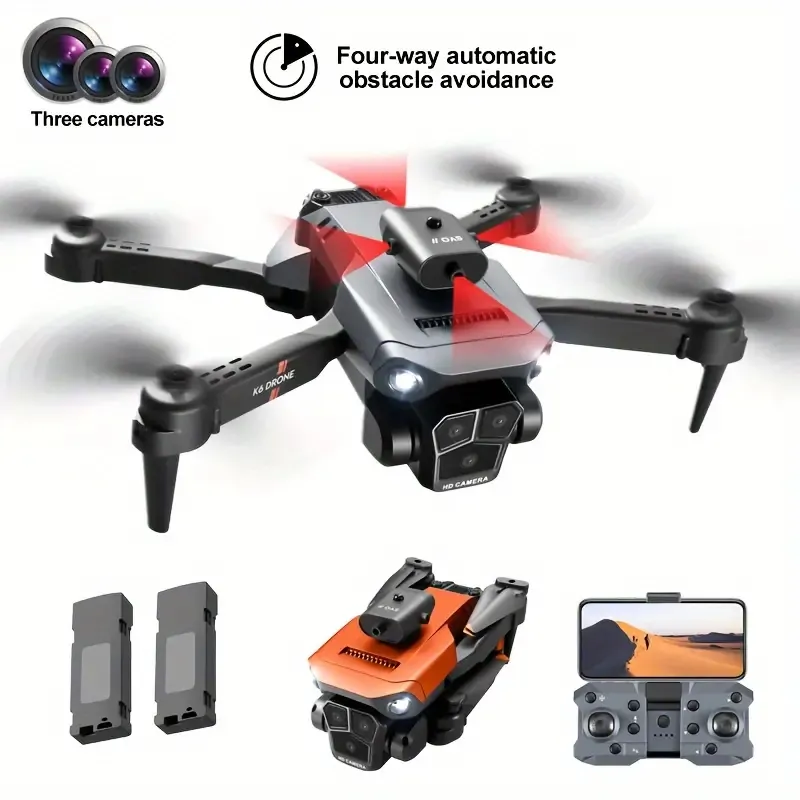 K6 MAX Quadcopter Drone met drie camera's, dubbele batterij, functies voor het vermijden van obstakels/zweven, WiFi-app-bediening, opstijgen/landen met één sleutel, opbergtas, nieuwjaarscadeau.