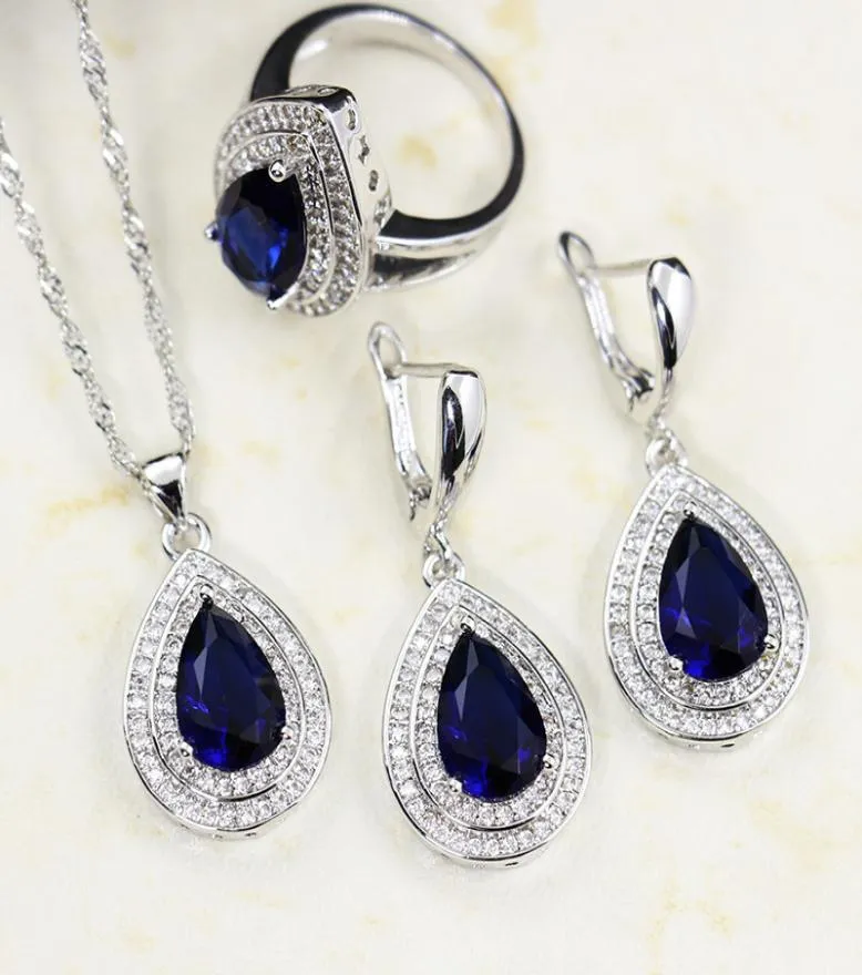 Bague Ringen Water Drop Shaped Sapphire Silver 925 Jewelry Sets for Women Blue Gemstones Ring Earrings Necklace Bracelet Wedding M2992800