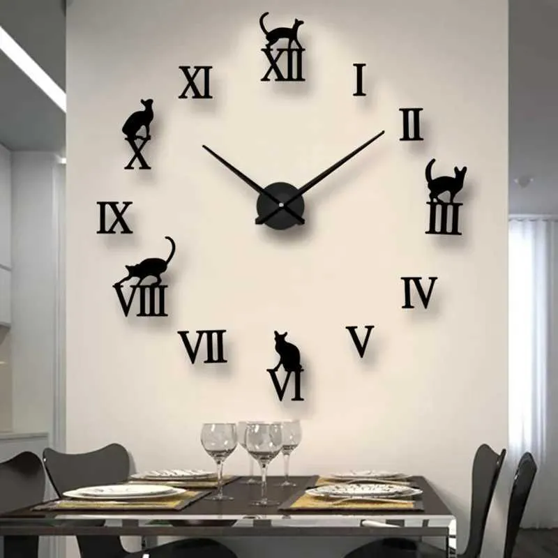 Horloges murales Nouvelle grande horloge murale aiguille à Quartz 3D bricolage horloges de cuisine décoratives acrylique miroir autocollants surdimensionné horloge murale décor à la maison