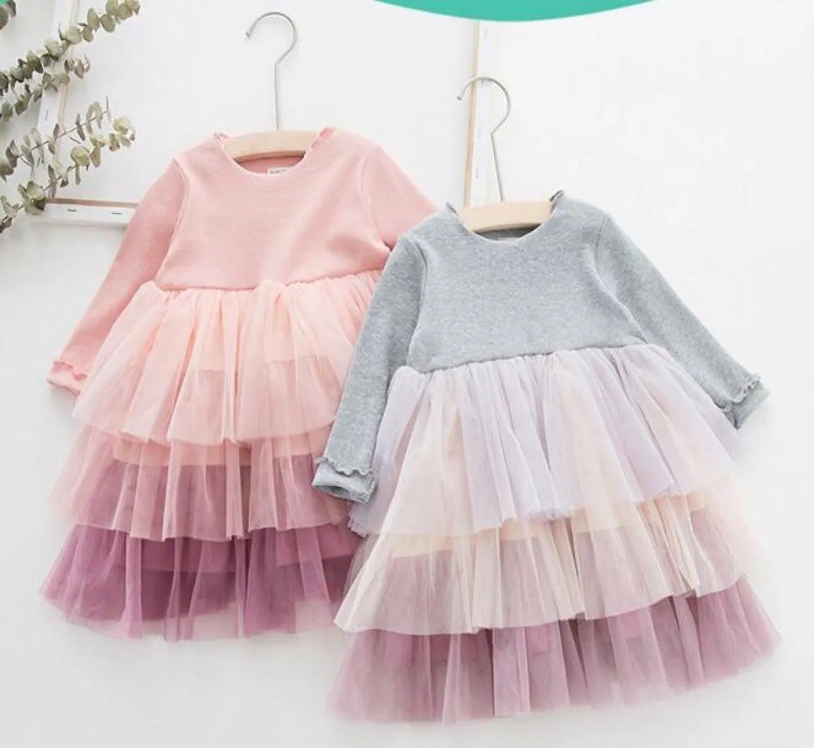 Nya tjejkläder klänningar barn boutique 3 lager mesh lapptäckklänning tjej elegant sring faller långärmad klänning6295429