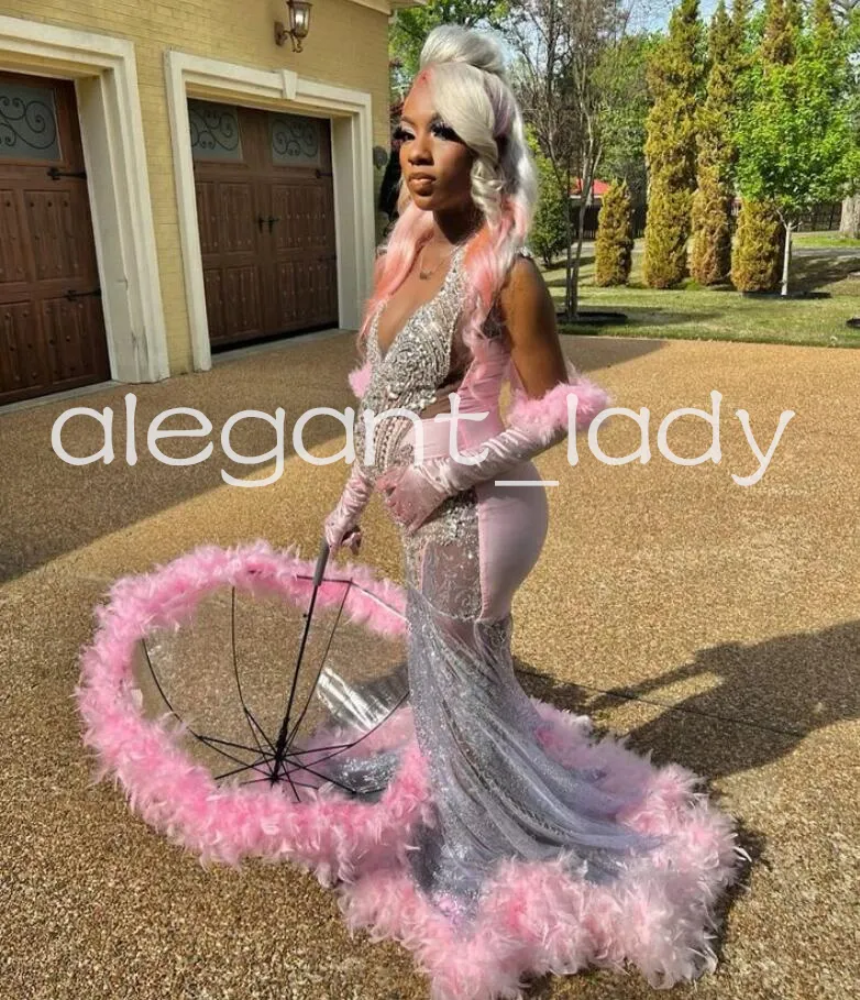Pink Silver African Evening Prom Dress for Pregnant Women with Sparkly  Crystal Feather Embellishments and Short Trumpet Silhouette