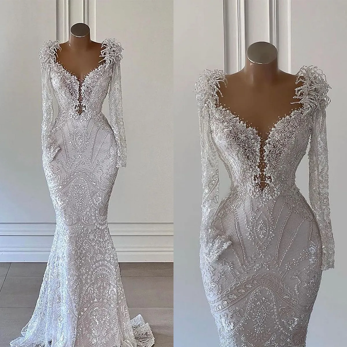 Abiti da sposa a sirena con perle di lusso Abiti da sposa con perline in pizzo Scollo a V manica lunga Abito da sposa taglie forti su misura