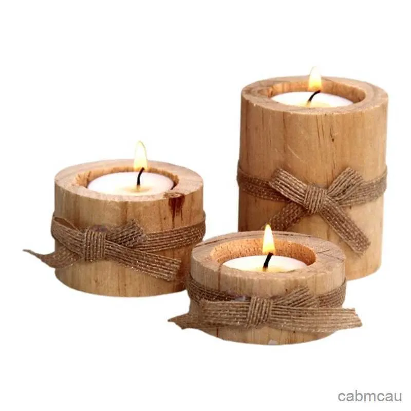 2PCS Candle Holders Pack of 3 drewniane herbatę światła światła dekoracja drzewa pnia bowtie elegancka drewniana świeca na wesele