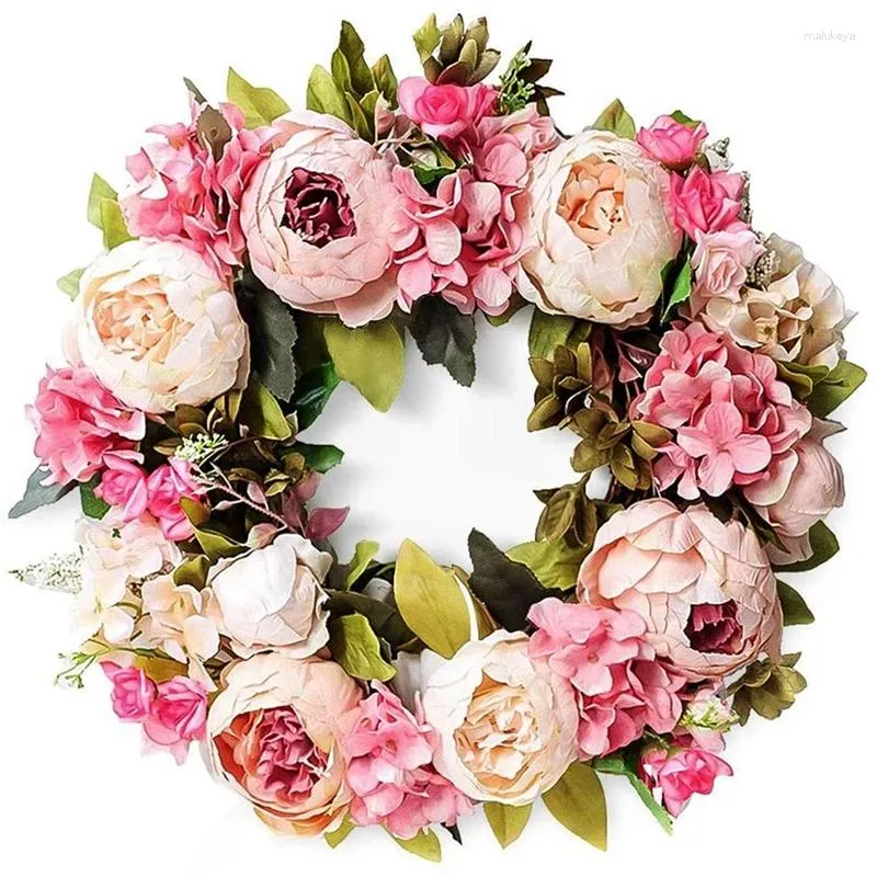 Decorative Flowers Artificial Peony Flower Wreath - 18 Inch Pink Door Spring Summer Fall Winter With Green Leaves