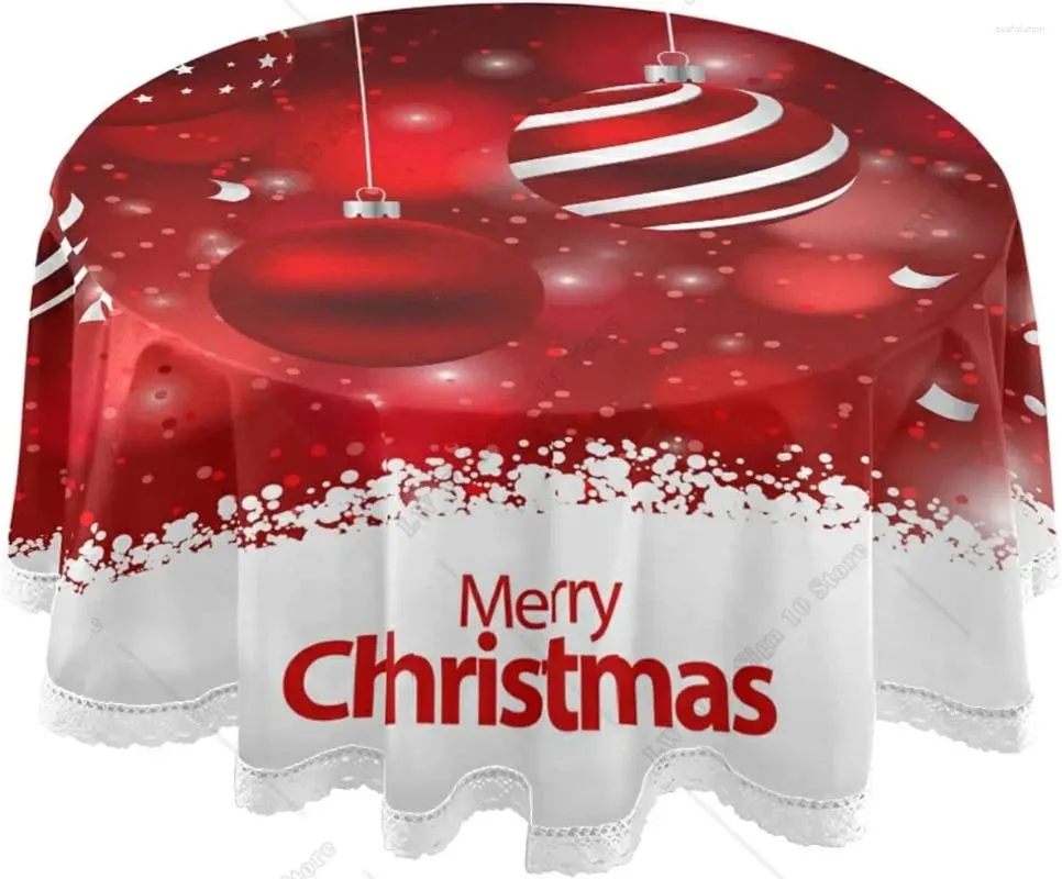 Nappe ronde de 60 pouces avec boules de Noël, couvertures rouges en dentelle, tissus d'intérieur lavables, décoration de vacances pour la cuisine, barbecue, fête
