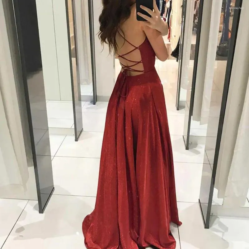 Casual Dresses 2024 Women A-Line Dress Spaghetti Straps -Length Red Satin Prom Homecoming Sparkly Sexy Hollow Night Gown Vestidos