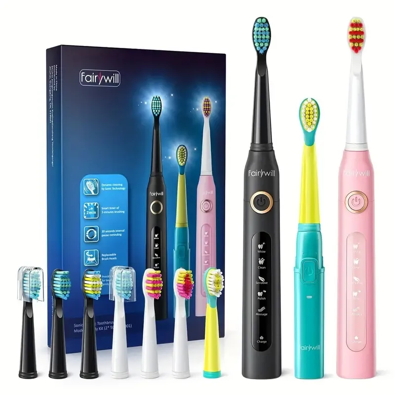 Fairywill Electric Toothbrush Family Kit , 3 Sonic Powered 40,000 VPM Toothbrushes for Adults & Kids , 10 Brush Heads / Smart Timer / Waterproof / 4H USB Charge for 30 Days
