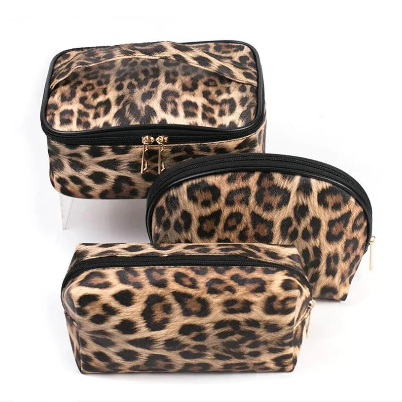 Conjunto de bolsa cosmética com estampa de leopardo, à prova d'água, bolsa de armazenamento, suprimentos de viagem, maquiagem, organizador, bolsa de banheiro 240122