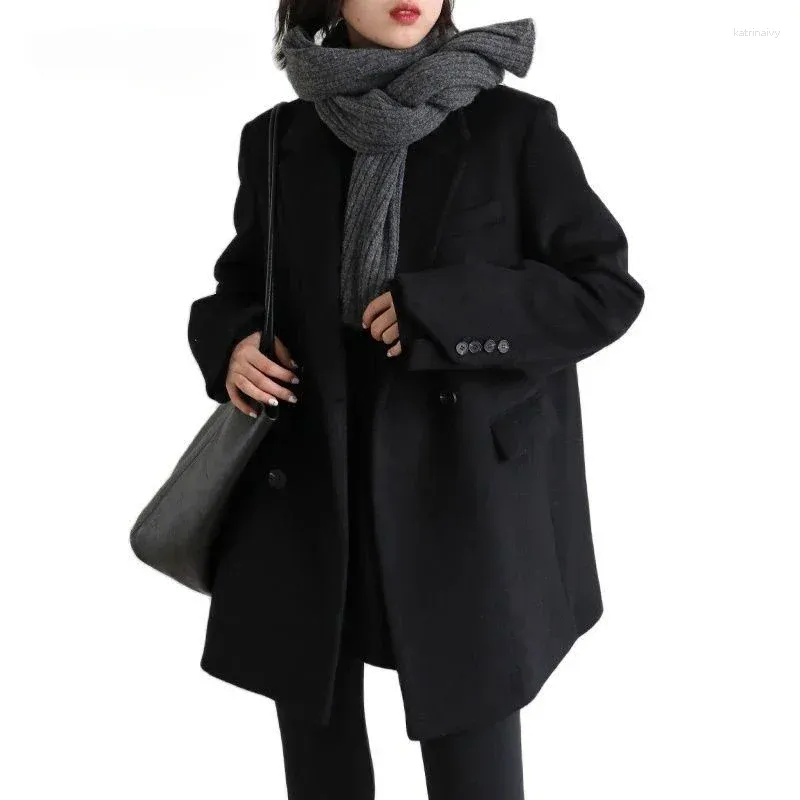 Women's Suits Women Wool Blend Coat Solid Mid Long Woolen Blazer Thick Warm Blouse Overcoat Office Lady Tops Autumn And Winter 2024
