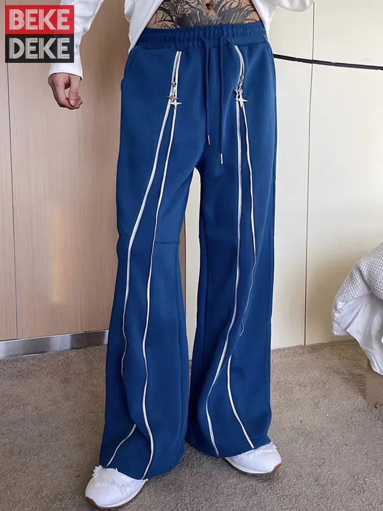 Мужские осенние прямые брюки с металлической молнией в корейском стиле, свободные брюки полной длины, уличная одежда, удобные широкие брюки 240125