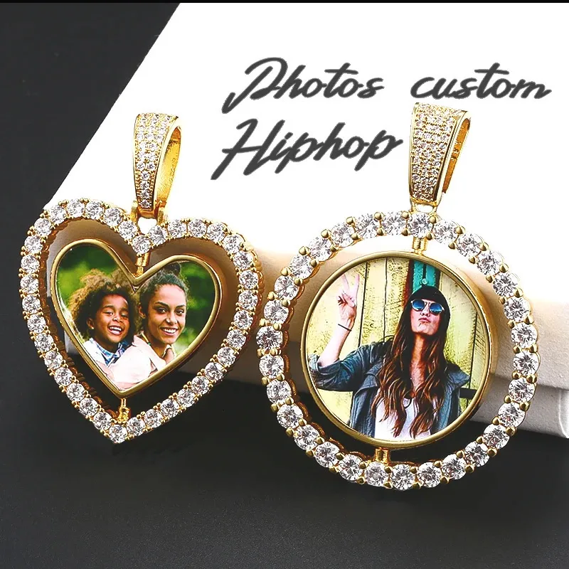 Dupla face personalizado coração pingente colar masculino hip hop jóias gelado bling zircônia pingente personalizado medalhões de memória po 240119