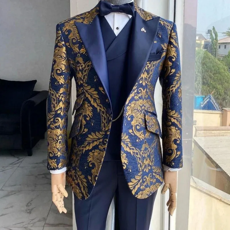 Ternos de smoking florais jacquard para homens, casamento, slim fit, azul marinho e dourado, jaqueta de cavalheiro com colete, calça, 3 peças, fantasia masculina 240124