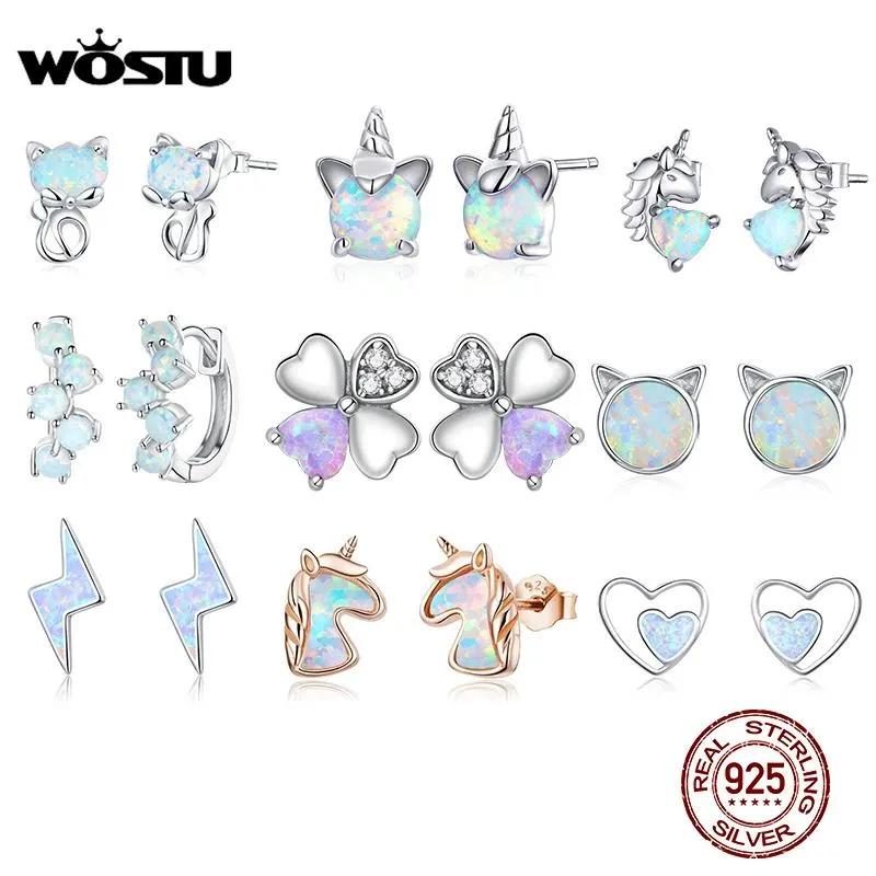 Charme Wostu Sterling Sier Opal Boucles d'oreilles Cat Unicorn Heart Blue Opal Oread Oreads For Women Original Sier bijoux