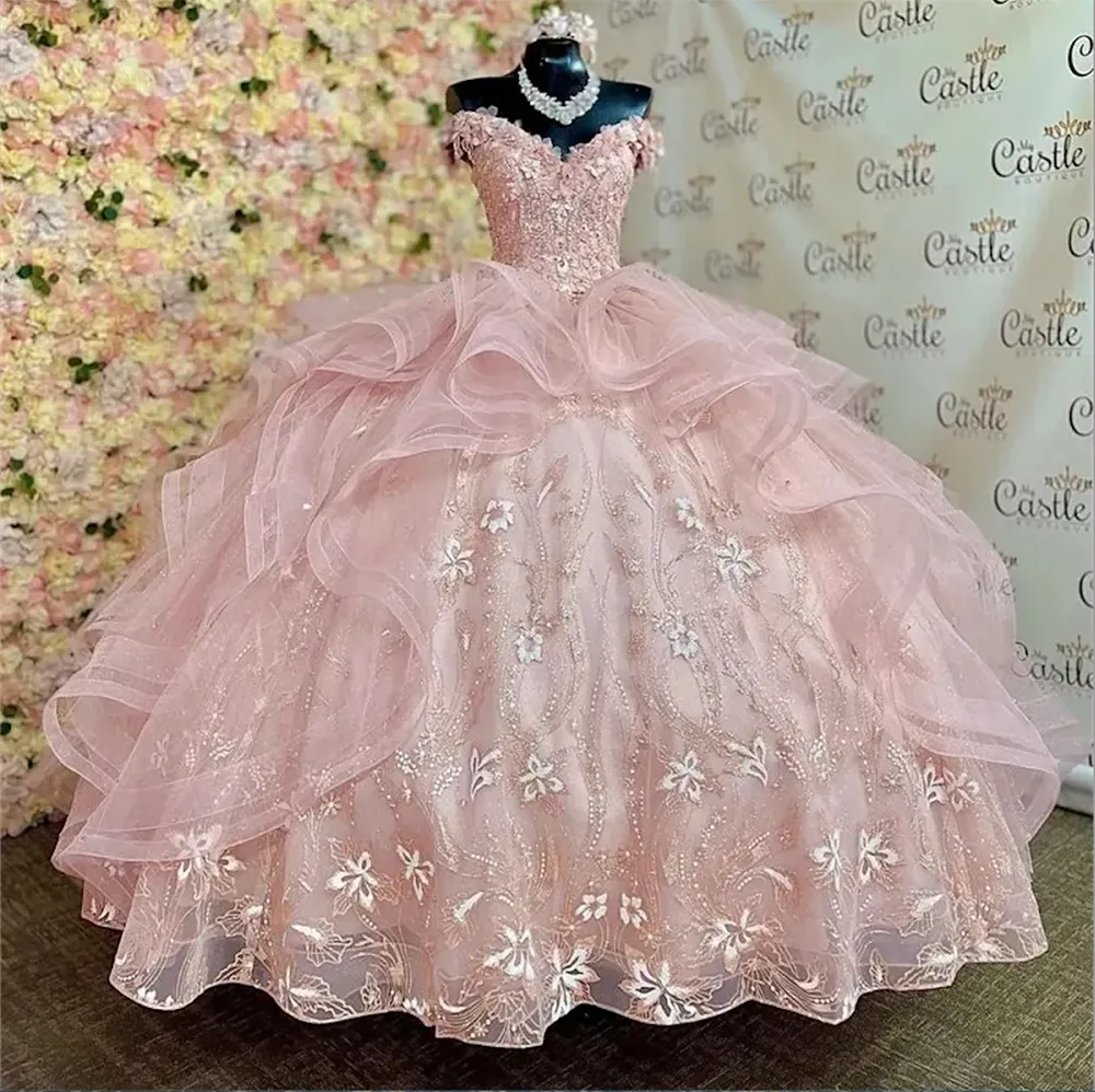 Roze Prinses Quinceanera Jurken Applique Kant Baljurk Verjaardag Jurk Tule Lace-Up Sweet 16 Jurken vestidos de 15