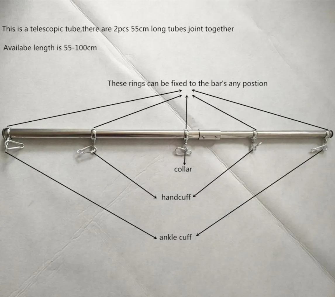 304 Acero inoxidable ajustable Restricción sexual Barra esparcidora Fetiche Bondage Cuello Manos Tobillos Puños Tubo y tubería de metal Juguetes BDSM Y201915569