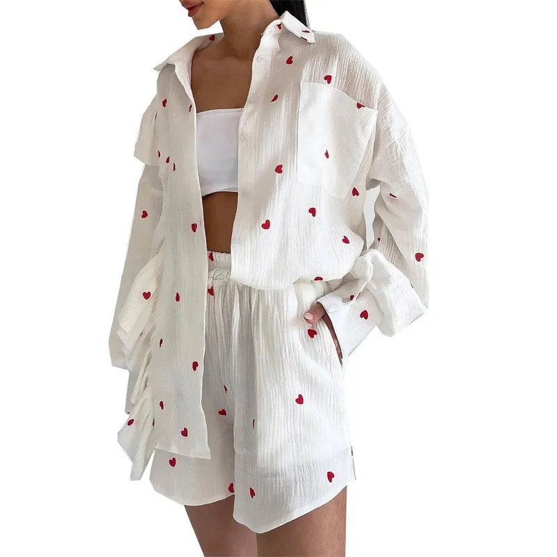 Stylish Lady Heart Printed Ruffle 2 Piece Set Women Lång ärmskjorta och shorts Suits 2024 Spring Cotton Linen Home Outfits