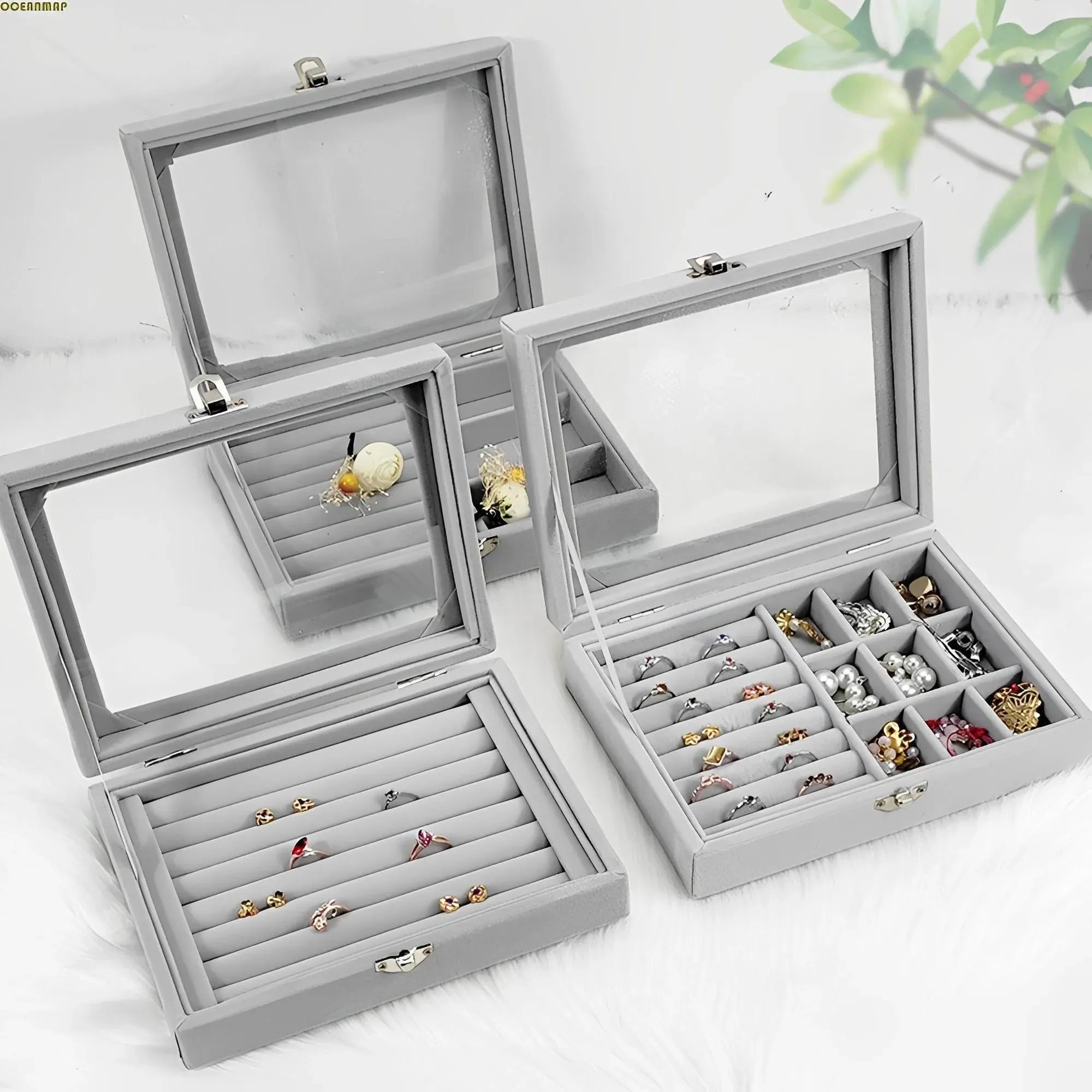Charm Fashion Portable Veet Glass Jewelry Ring Display Stand Storage Box Tray Holder Ring Earrings Jewelry Storage Case Showcase
