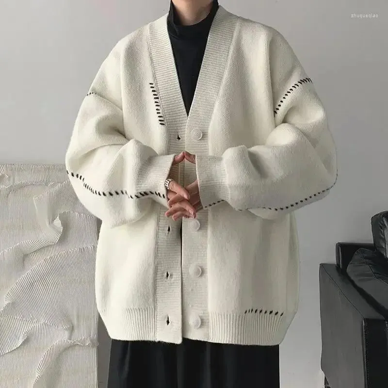 رجال سترات الصوفية رجل ملابس معطف أبيض متبكى للرجال اليابانية رجعية سترة كارديجان المرقعة S التسعينيات من القرن الماضي