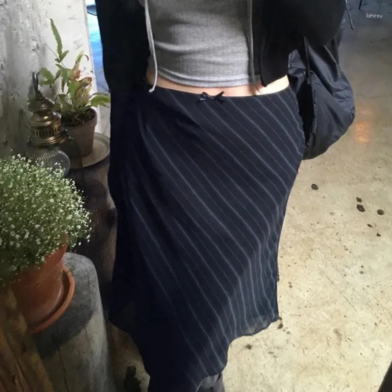 Юбки Y2K Полосатая шифоновая юбка-миди Fairycore Grunge, прямая длинная винтажная эстетичная бантик с высокой талией для отдыха