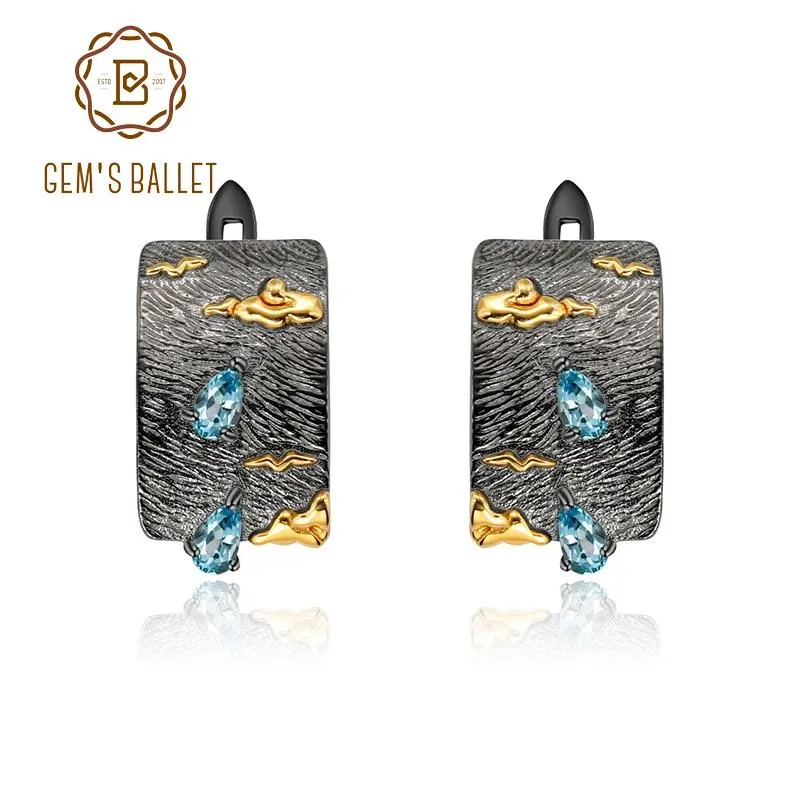 Charm Gem's Ballet Sterling Sier Art Jewelry Handmade Clouds Sea Swallows Natural Swiss Blue Topaz Women's Clip Earrings