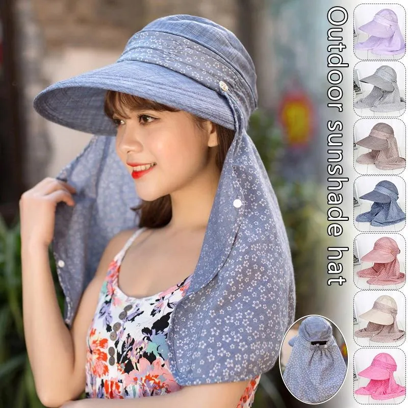 Wide Brim Hats Women's Big Sunshade Hat Summer Outdoor Hiking Sunscreen Floral Face Shield Neck Shawl Removable Sun Visor Cap