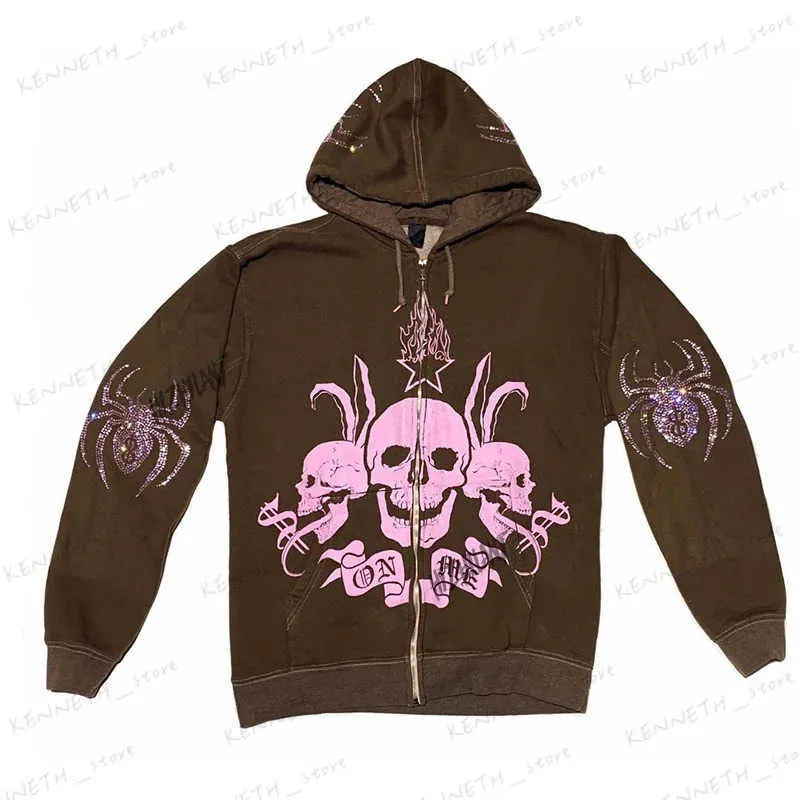 Sweats à capuche pour hommes Sweatshirts Femmes Strass Spider Skull Print Streetwear Sweats à capuche Femmes Manteau Goth Harajuku Y2k Vêtements esthétiques Grunge Punk Jacket Zip-up T240126