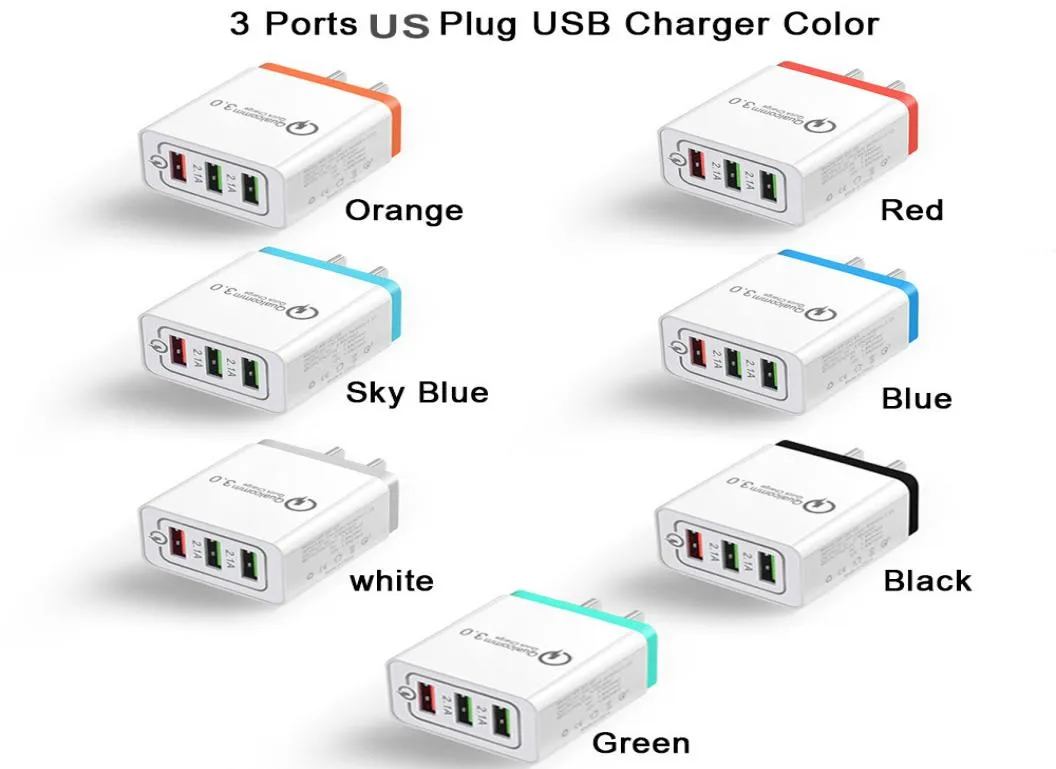 QC 30 chargeur mural 3 Ports adaptateur de voyage Charge rapide multi USB adaptateurs de téléphone ue US Portable Charge rapide pour Smartphone3531516