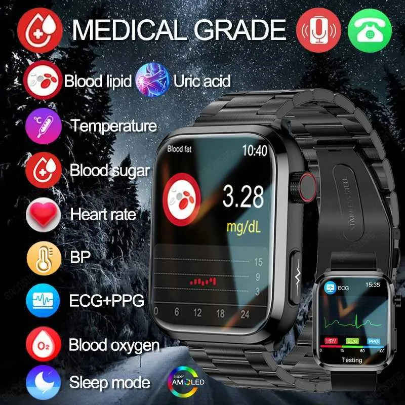 Andra klockor 2024 NYA Urinsyran Blodfett Smartwatch ECG+PPG Blod Sugar Blod Lipider Blodtryck Hälsa Monitor Sport Smart Watch for Men 240125