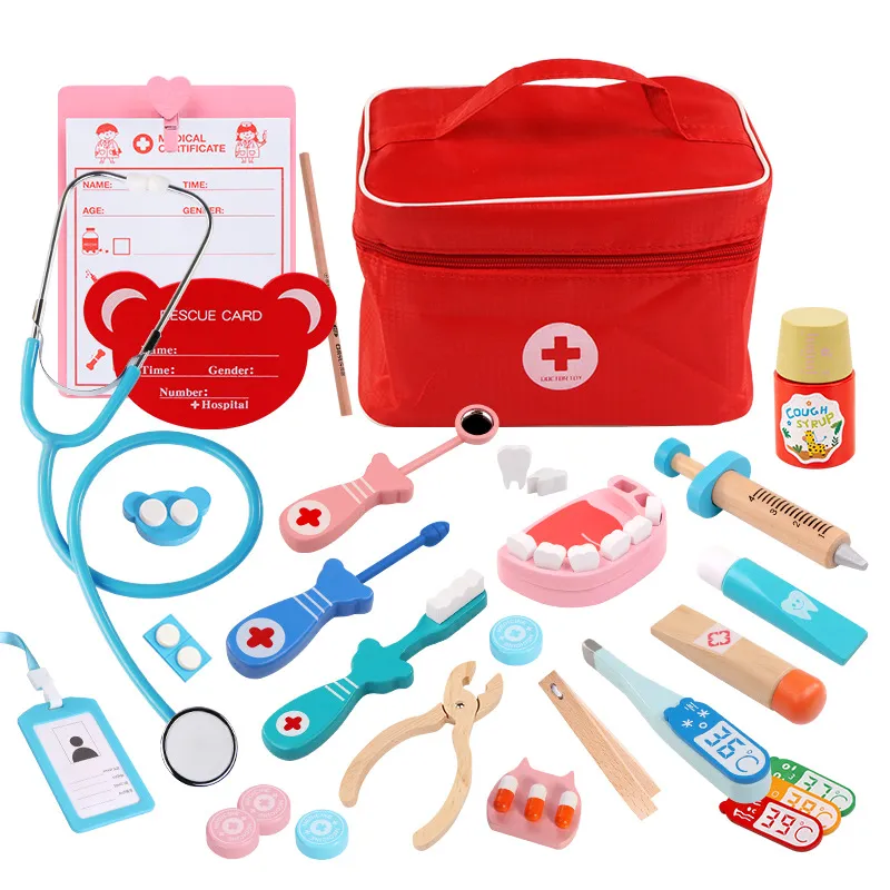 ZK20 어린이를위한 기타 AccessoriesDoctor 키트, 어린이를위한 치과 의사 장난감, 23pcs 나무 장난감 의사 키트 현실적인 청진기 및 핸드 백