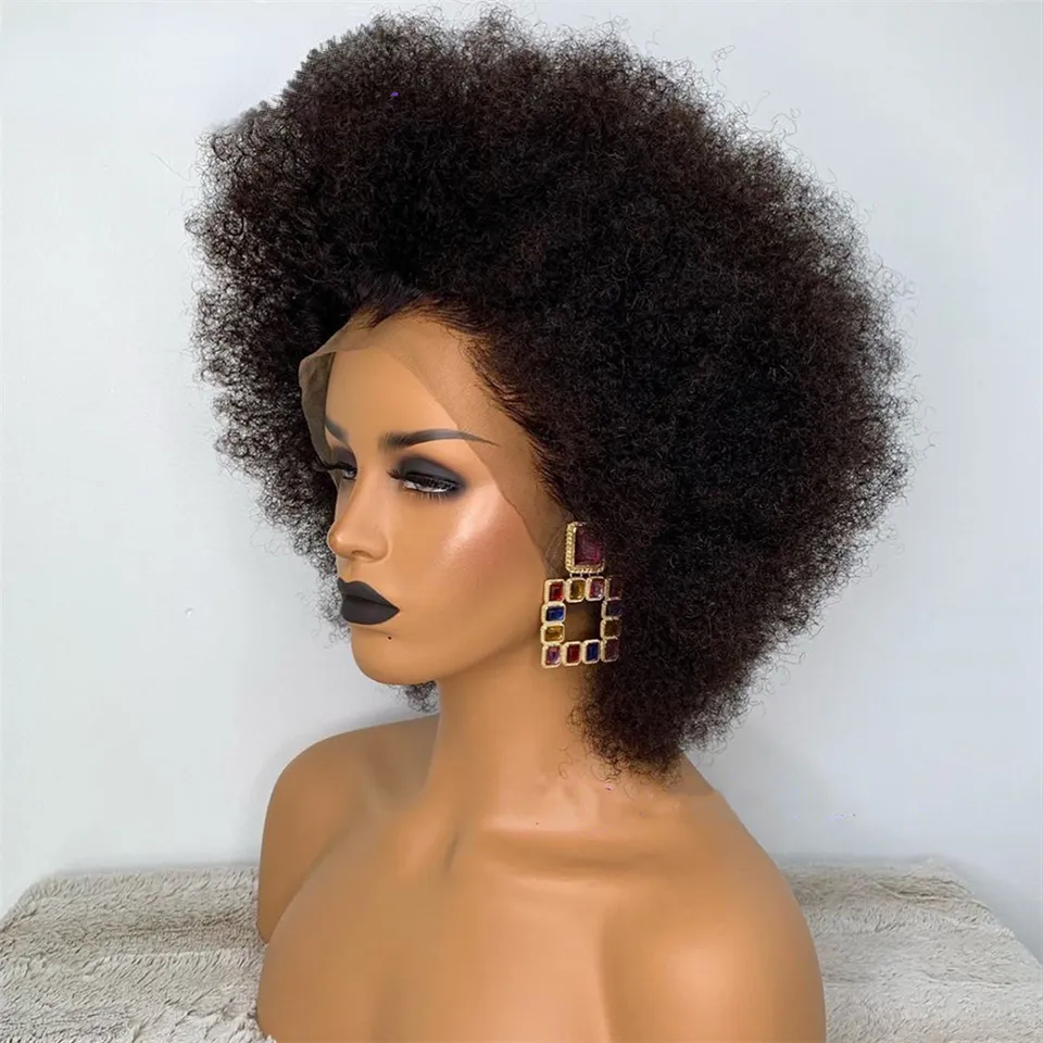 Korte Mongoolse Afro Kinky Curly Wig Pre -geplukt 360 kanten frontale pruiken menselijk haar voor zwarte vrouwen synthetische kanten pruik 180Dersity