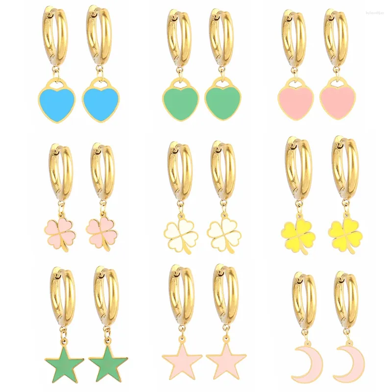 Boucles d'oreilles créoles couleur pour femmes, en acier inoxydable, breloques, étoile, lune, cœur, pendentif, bijoux, cadeau, vente en gros