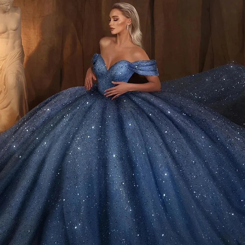 Sparkling Off-Shoulder Glitter dark blue wedding dress with Sequins - 2021 Collection