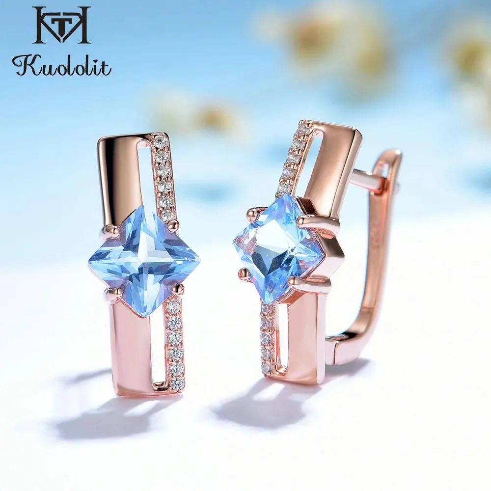 Charm Kuololit 585 Rose Gold Blue Topaz Gemstone Clip Earrings for Women Solid Sterling Sier Princess Cut Smycken för engagemang