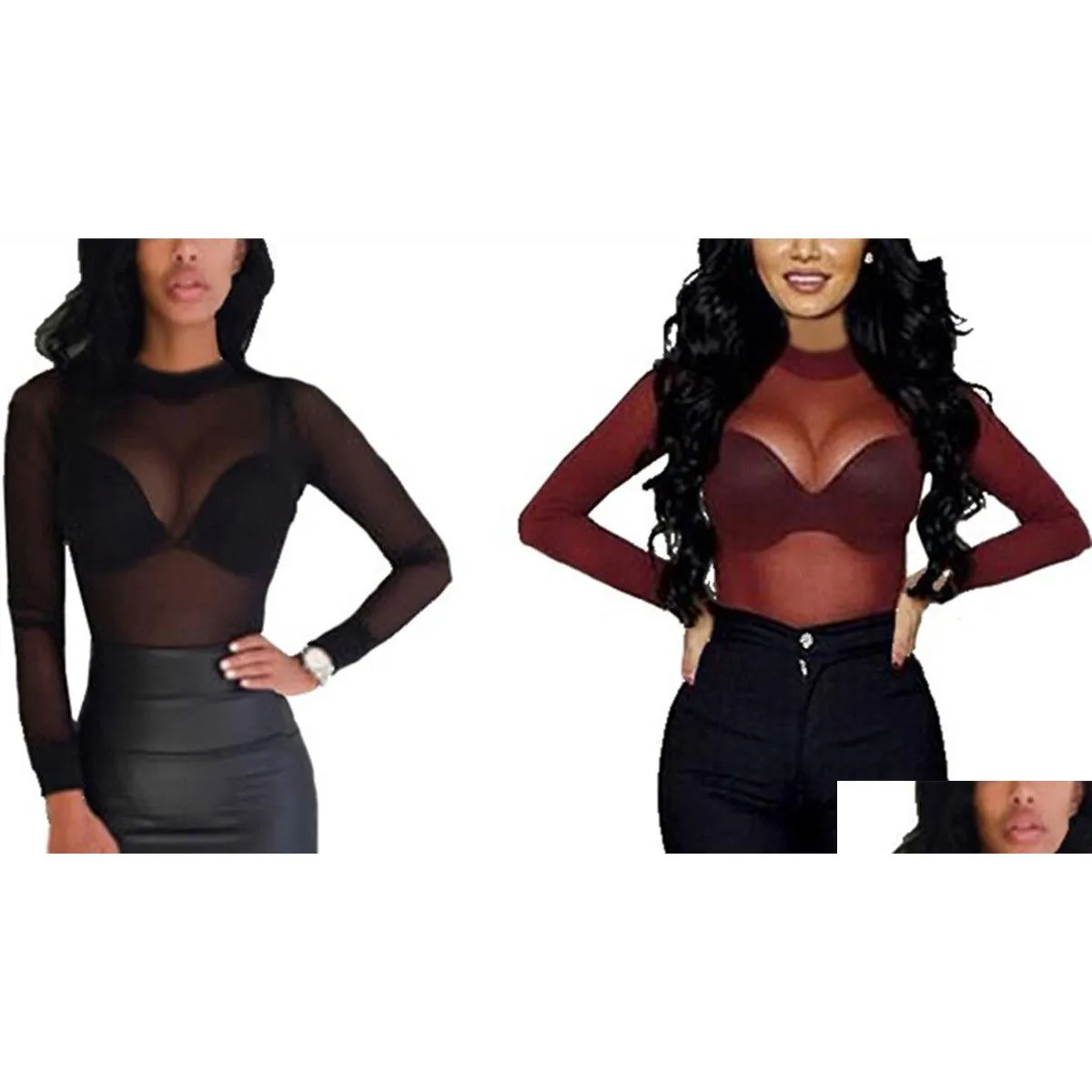 Women'S Blouses & Shirts Y Women T Shirt See Through Transparent Mesh Tops Long Sleeve Sheer Slim Ladies Turtleneck T-Shirt Clothing Ot2S9