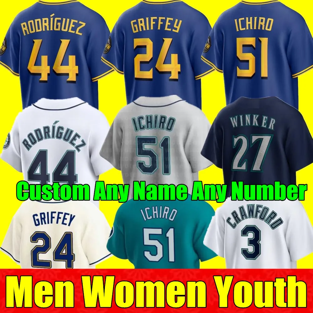 2023 S-4XL Custom 44 Julio Rodriguez Jersey 24 Ken Griffey Ichiro Suzuki Edgar Martinez Mitch Haniger Felix Hernandez Mariners Men Women Youth Baseball Jerseys