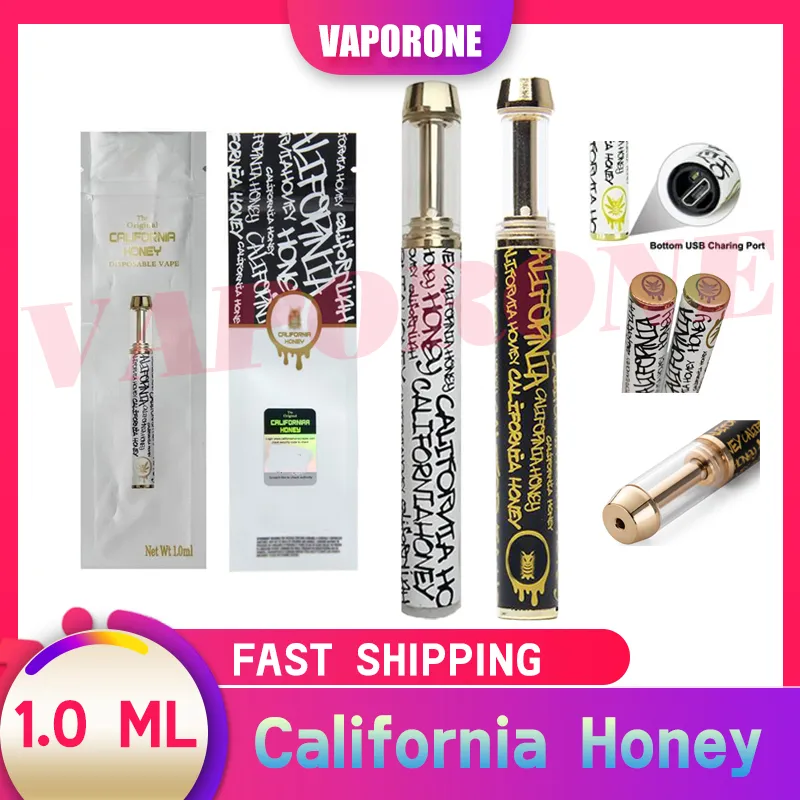 California Honey Einweg-Vape-Stift, leer, E-Zigaretten, 1 ml, goldene Keramikspule, Zerstäuber, 400 mAh, wiederaufladbare Batterie, Ecig-Dickölkartuschen, Paket