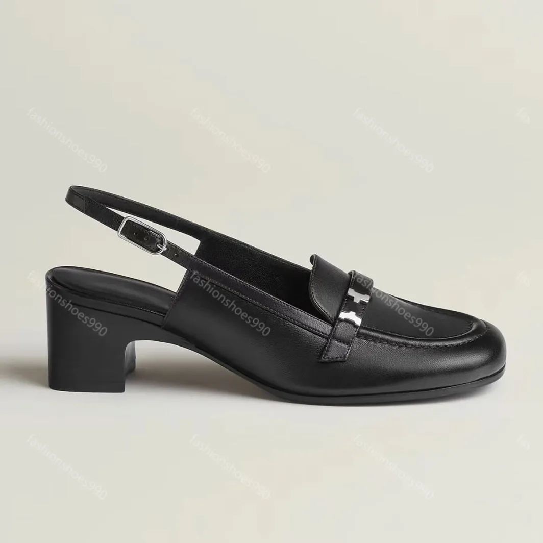Slingbacks topuklar lüks tasarımcı kadın elbise ayakkabı kariyer pompalar sandaletler yüksek kaliteli deri tıknaz moda ofis tokası kare ayak parmakları 10a ayakkabı 35-41 kutu