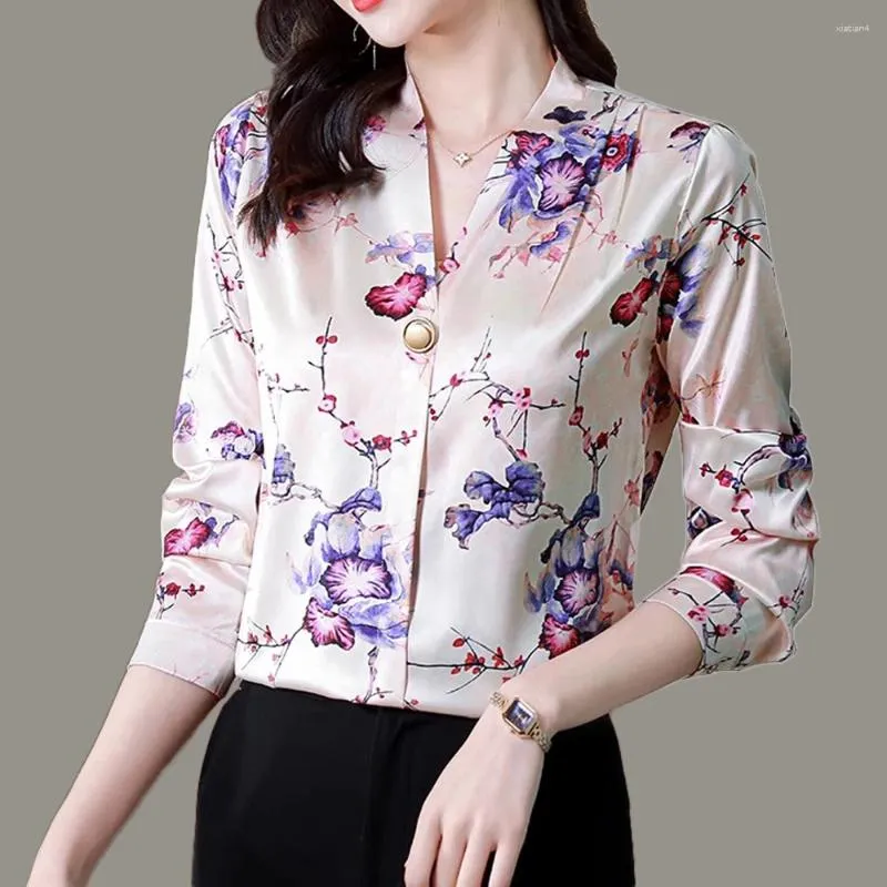 Kvinnor BLOUSES Fashion Satin Women 2024 Vintage Simple Long Sleeve V-Neck Shirts Print Women Casual Clothing Basic Floral Tops