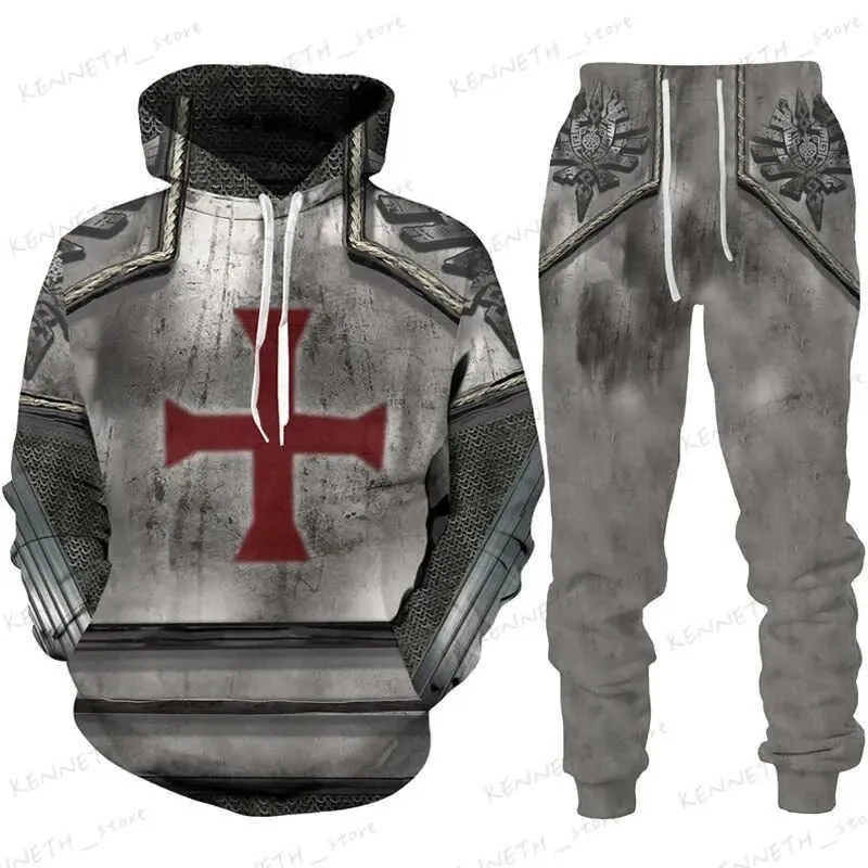 Tute da uomo Autunno Nuovi uomini retrò Cavaliere Templare Armatura Felpa 3D Stampato Uomo Felpe con cappuccio Abbigliamento sportivo per il tempo libero Pantaloni sportivi Completo a due pezzi T240126