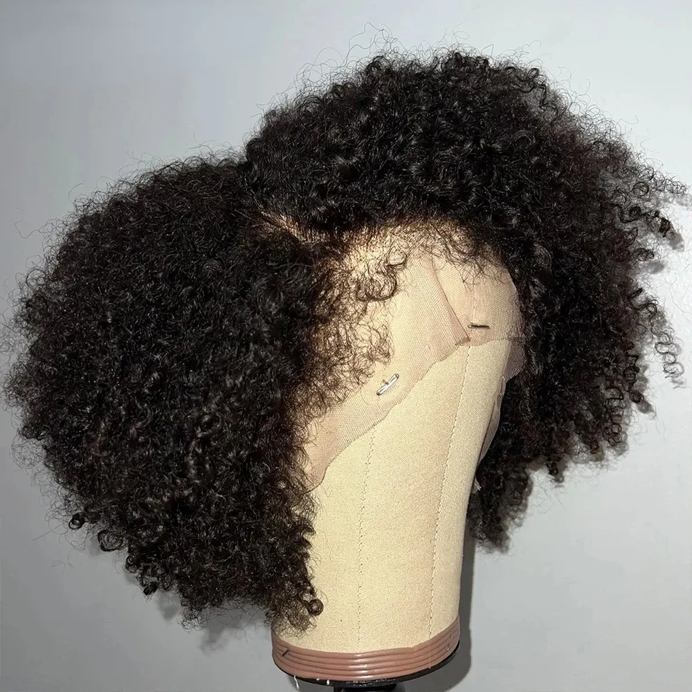 4C kinky kanter naturlig hårfäste lyslöst kort afro kinky lockigt peruk människohår redo att gå lockigt bob 13x4 transparent spets fram peruk syntet med dåligt hår