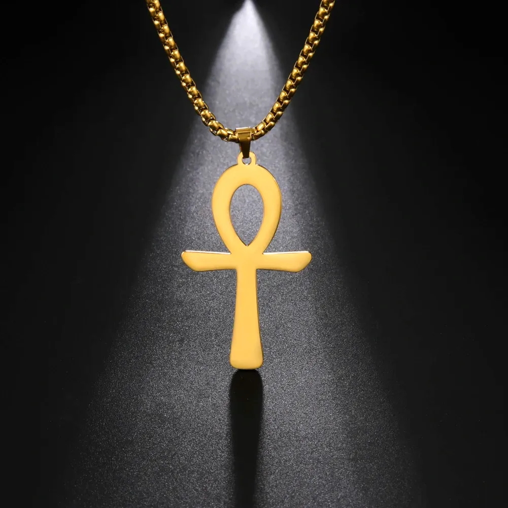 Simple Classic Cross 14k Yellow Gold Necklace Egyptian Ankh Life Symbol Antique Pendant Long Chain Necklaces Jewelry