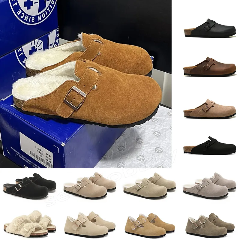 Luxury Burkinstocks Clogs Sandals Designer Slippers Bostons Clogs Sandals Buckle Slipper Slides Cork Flat Sole Soft Fur Slide Mens Women Platform Sandal Shoes