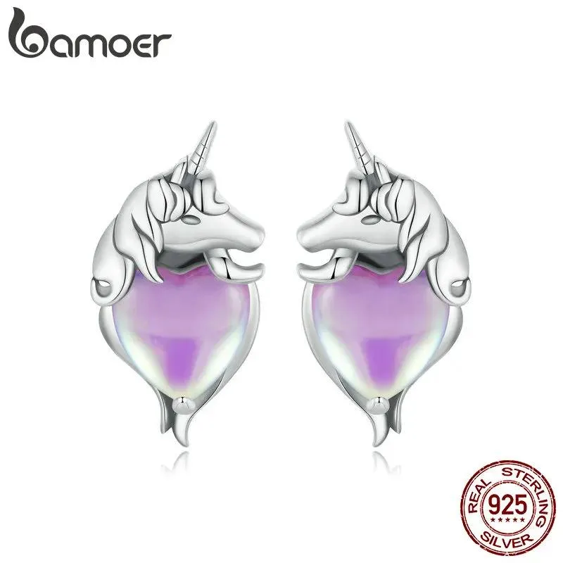 Earrings Bamoer 925 Sterling Silver Lucky Unicorn Stud Earrings Colorful Glass Zircon Earring For Women Fine Jewelry party Gift Birthday